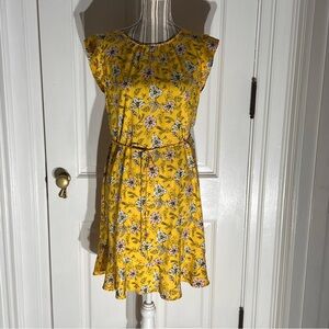 Floral Yellow Dress belted loft medium cottage core D238